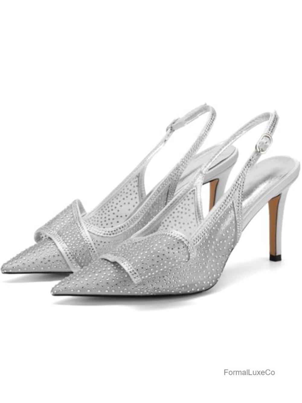 Mesh Slingback Heels with Bow Crystal Rhinestone Closed Pointed Toe Pumps 3.3"